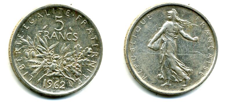 Франция 5 франков 1962 сеятель KM 926, LE FRANC 340.6 серебро 37-932