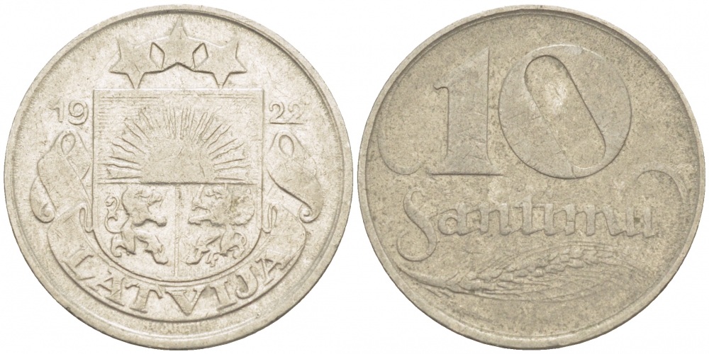Латвия 10 сантимов 1922 первая Республика (1918-1939) KM 4 никель 3718-247