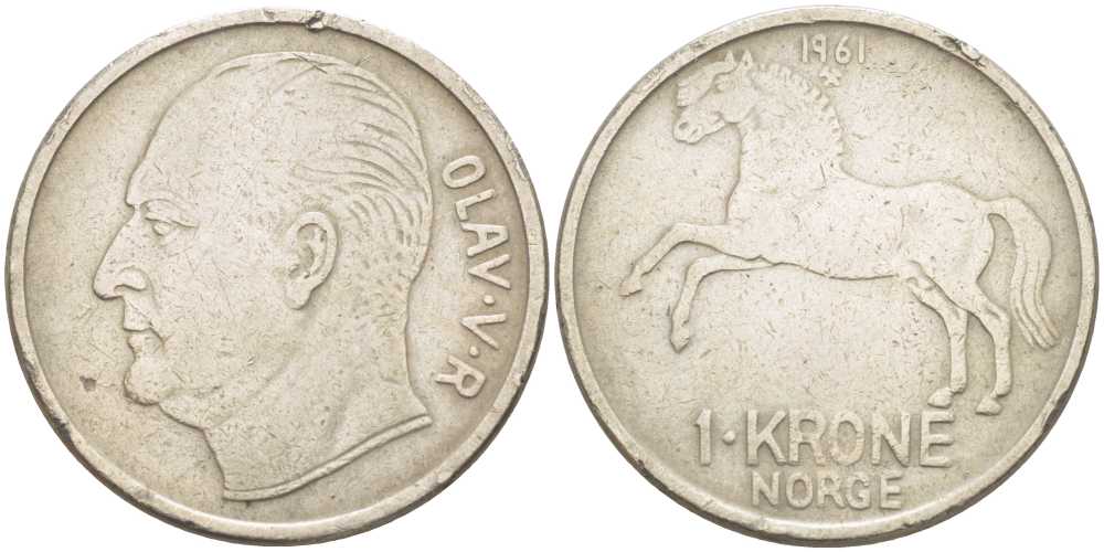 НОРВЕГИЯ 1 КРОНА 1961 ЛОШАДЬ, УЛАФ V (1957-1991) KM 409 медно-никель 213-715
