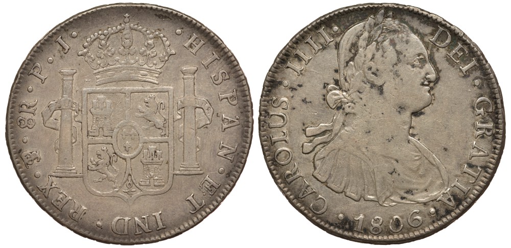 Боливия 8 реалов 1806 PJ, монетный двор PTS (город Потоси), Карл IV Испанский (1788-1808) KM 73.1 серебро 00-802-08