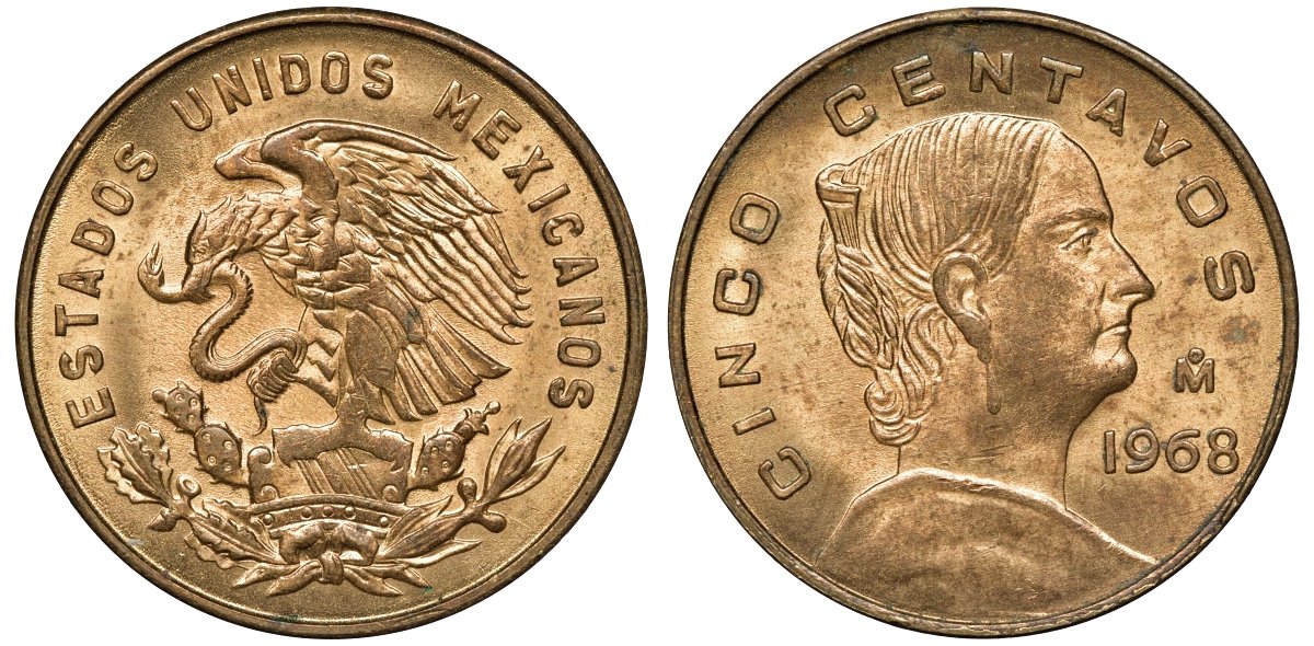 Мексика 5 сентаво 1968 Мо, Жозефа Ортис де Домингес KM 426 латунь UNC 4591-615