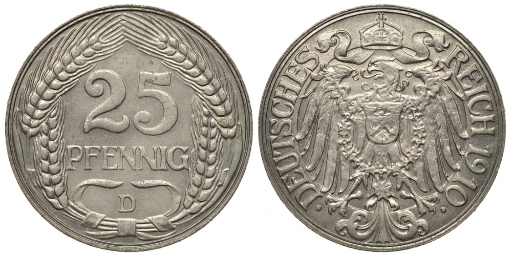 Германия 25 пфеннигов 1910 D KM 18, Weege 12, J.18 никель aUNC 413-4944