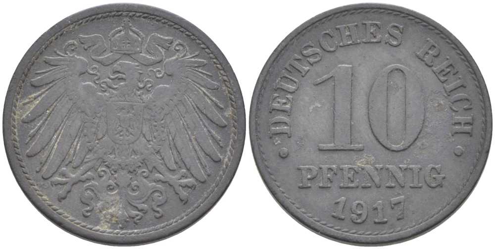 ГЕРМАНИЯ 10 ПФЕННИГОВ 1917 KM 26, J. 299 цинк 175-231