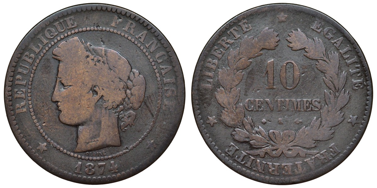 Франция 10 сантимов 1874 К, третья республика (1870-1941) KM 815, Le Franc 135.13 бронза 4123-323