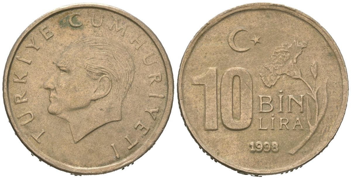 Турция 10000 лир 1998 Мустафа Кемаль Ататюрк KM 1027 медь цинк никель 117-1143