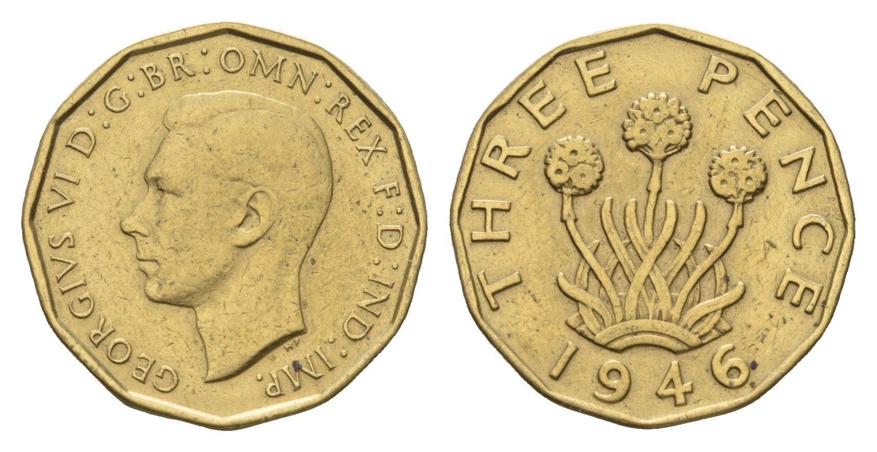 Великобритания 3 пенса 1946 Георг VI (1936-1952), редкий год KM 849, Spink 4112 никель латунь 270-1431