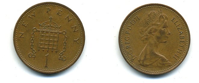 Великобритания 1 пенни 1971 Елизавета II (1952-2022) KM 915, Spink 4237 (B1) бронза 4110-741