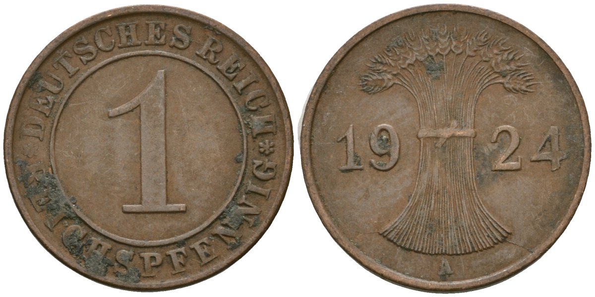 Германия 1 рейхспфенниг 1924 A KM 37, J. 313 бронза 4189-1051