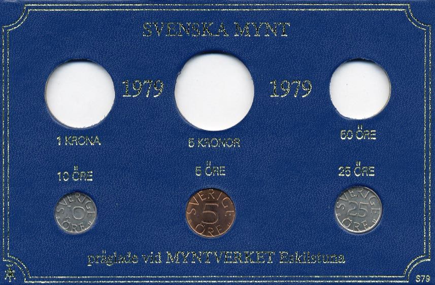 Швеция 5, 10, 25 эре 1979 Карл XVI Густав (1973- ) в картоне набора монетного двора UNC 7-5-7-274