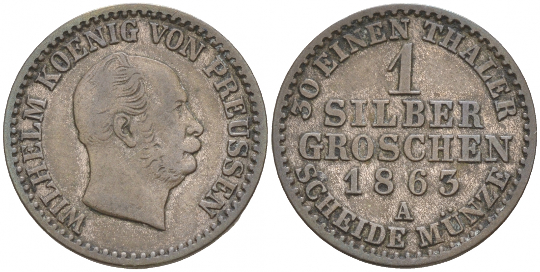 Пруссия 1 СЕРЕБРЯННЫЙ ГРОШ 1863 А, ВИЛЬГЕЛЬМ KM 485 серебро 44-949