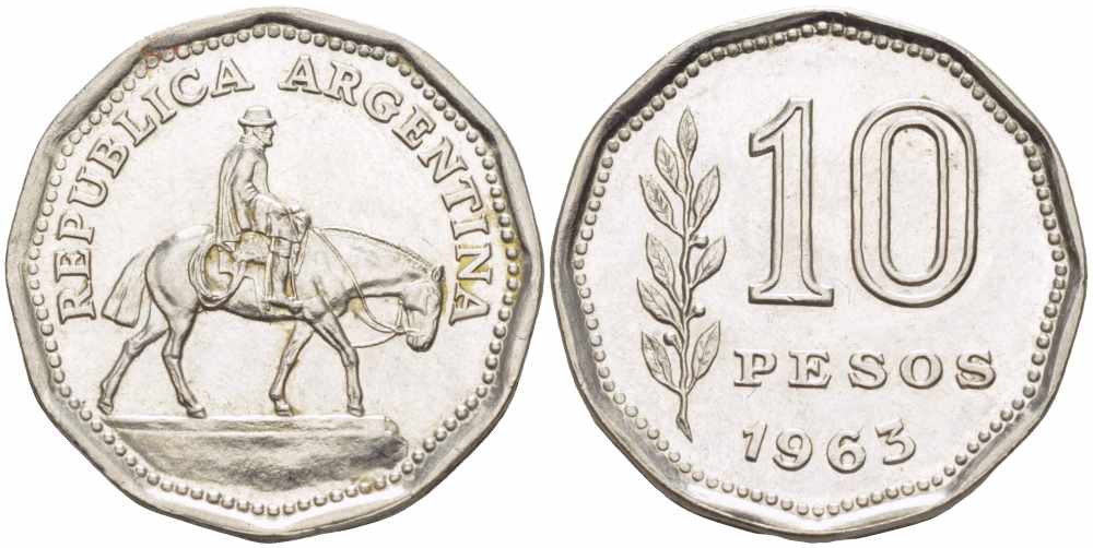 Аргентина 10 песо 1963 Гаучо KM 60 никелированная сталь 108-1216