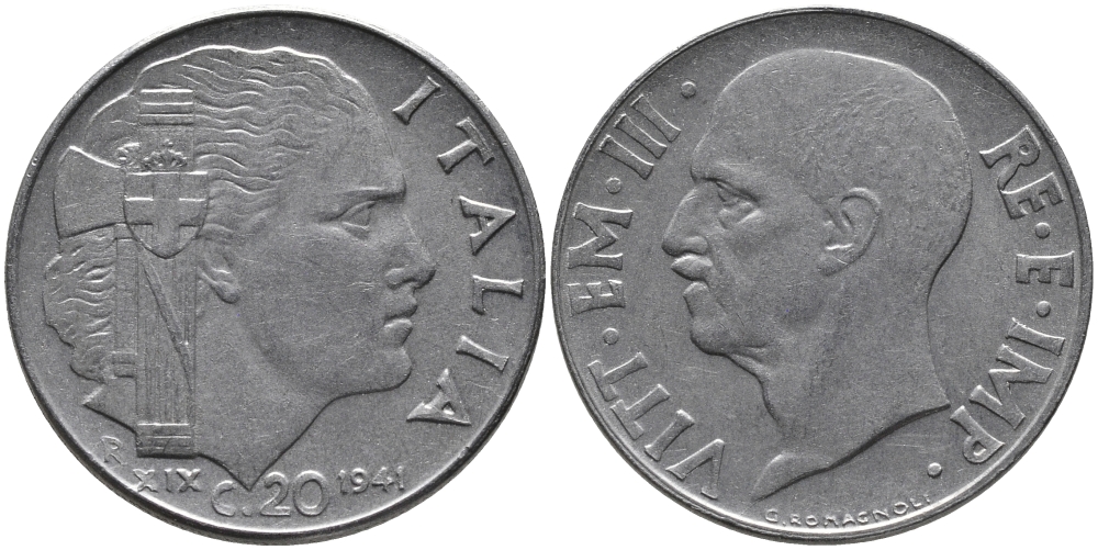ИТАЛИЯ 20 ЧЕНТЕЗИМО 1941 R, ВИКТОР ИМАНУИЛ, XXII ГОД, МАГНИТНАЯ KM 75b нержавеющая сталь 83-1725