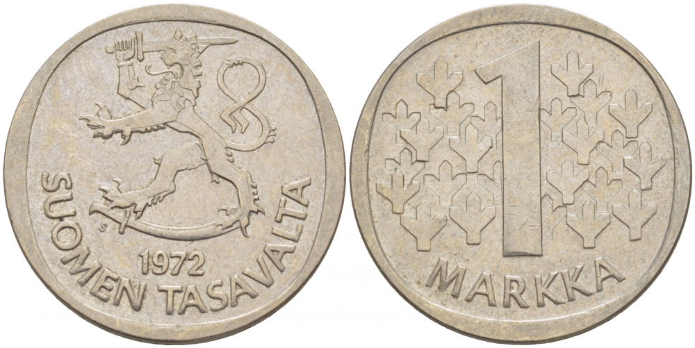 ФИНЛЯНДИЯ 1 МАРКА 1972 S KM 49а медно-никель 3718-712