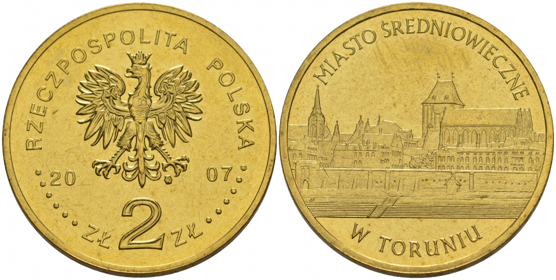 Польша 2 злотых 2007 MW, средневековое место в Торуне (TORUNIO) KM 622 латунь UNC M4-02