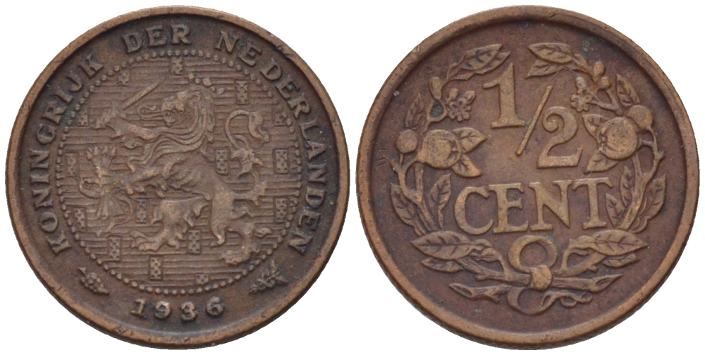НИДЕРЛАНДЫ 1/2 ЦЕНТА 1936 ВИЛЬГЕЛЬМИНА (1890-1948) KM 138 бронза 39-231