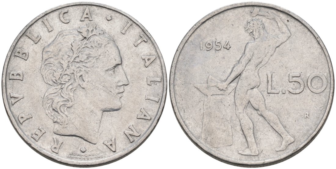 Италия 50 лир 1954 R, Бог огня Вулкан у наковальни KM 95.1 нержавеющая сталь 51-143