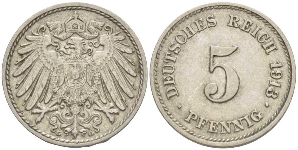 ГЕРМАНИЯ 5 ПФЕННИГОВ 1913 G KM 11, J. 12 медно-никель 105-164