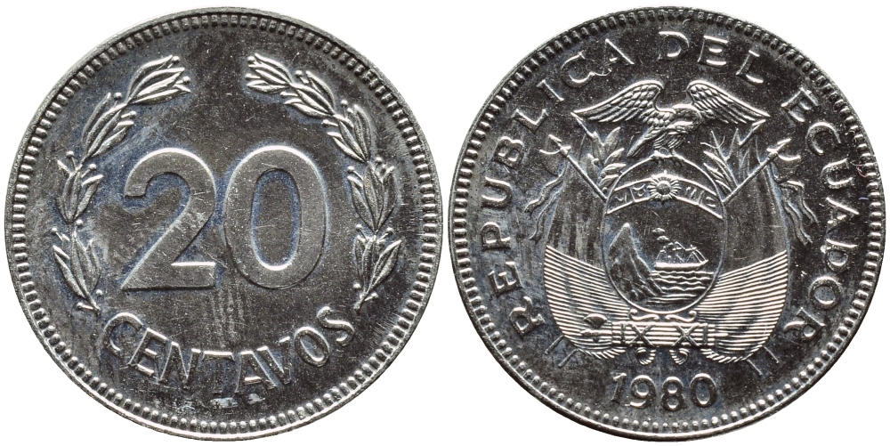 ЭКВАДОР 20 СЕНТАВО 1980 KM 77.2а сталь плакированная никелем 4392-1325
