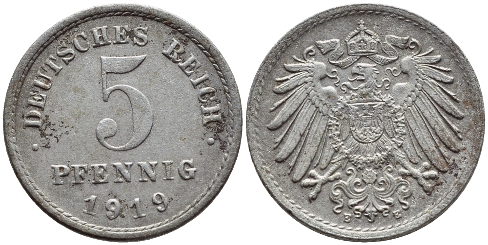 ГЕРМАНИЯ 5 ПФЕННИГОВ 1919 E KM 19, J 297 железо 4396-268