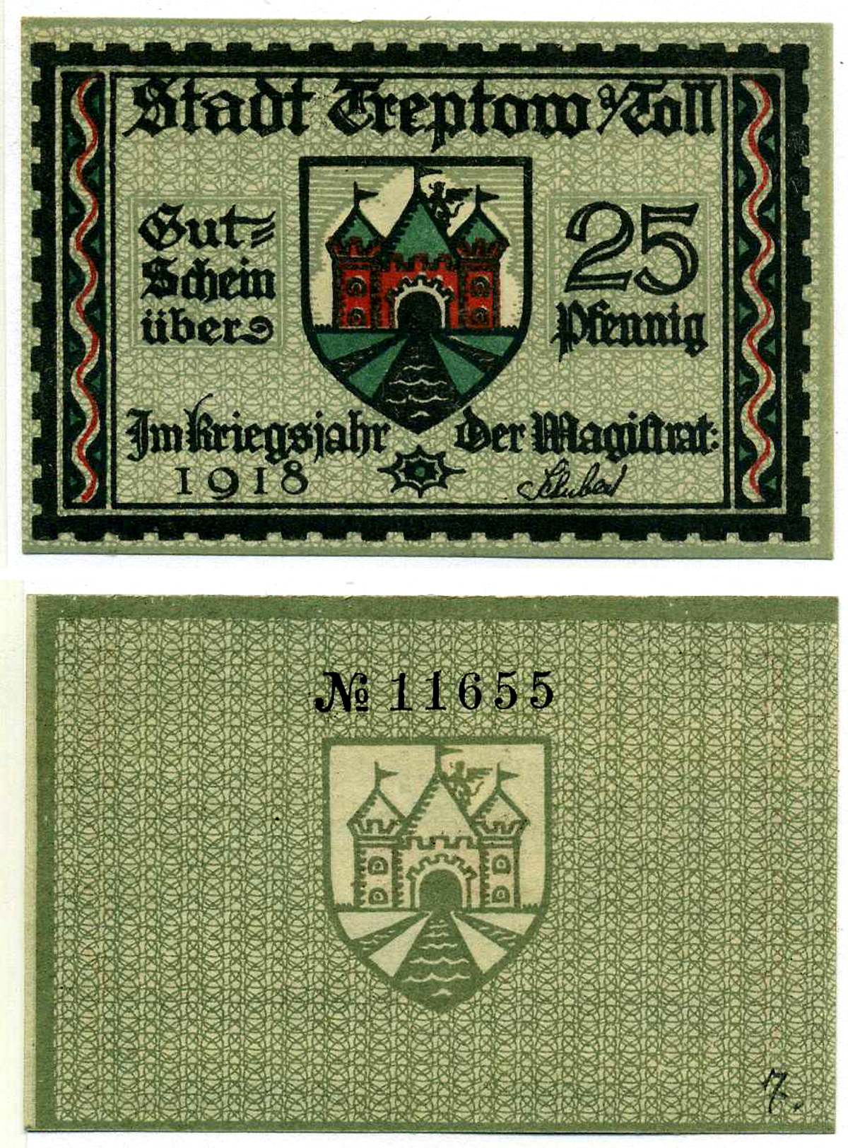 ТРЕПТОВ 25 ПФЕННИГОВ 1918 19 ИЮЛЯ 1917, НОТГЕЛЬД, ЗЕМЛЯ ПОМЕРАНИЯ Grabowski Т22.3а бумага 2193-14-3-2