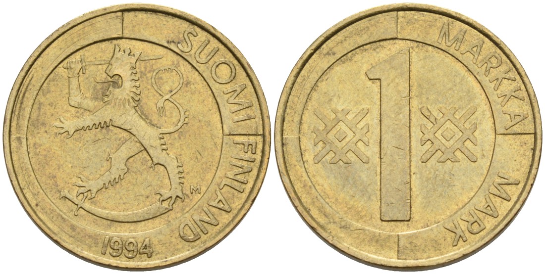 ФИНЛЯНДИЯ 1 МАРКА 1994 M KM 76 алюминиевая бронза 4563-545