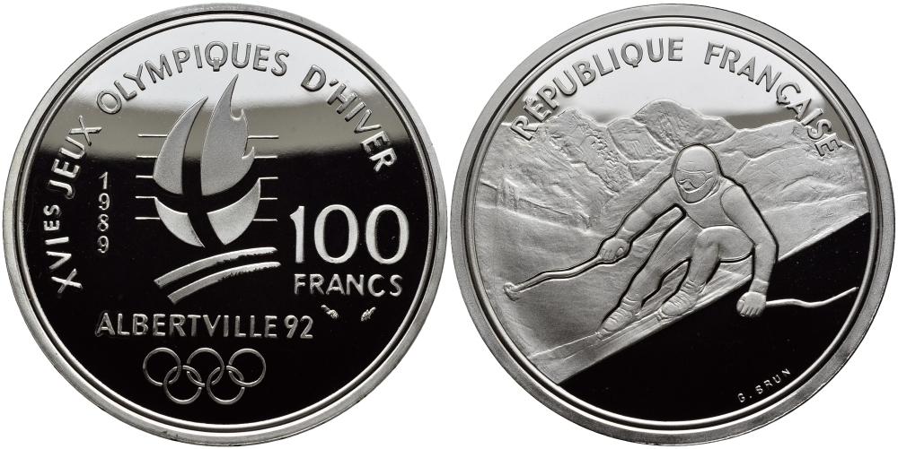 Франция 100 франков 1989 XVI Зимние Олимпийские игры 1992 в Альбервиле, горные лыжи, гигантский слалом KM 971 серебро PROOF 413-2524