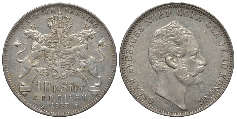 Швеция 1 риксдалер специе - 4 риксдалера риксминт 1857 Оскар I (1844-1859) KM 689 серебро 00-815-44