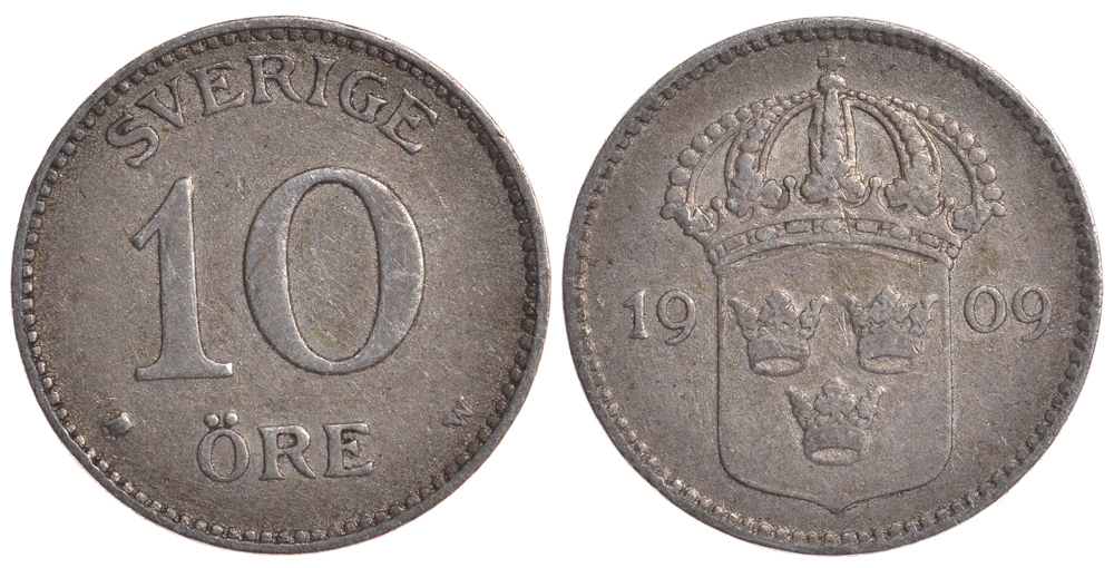 Швеция 10 эре 1909 W, Густав V (1907-1950) KM 780 серебро 4179-547