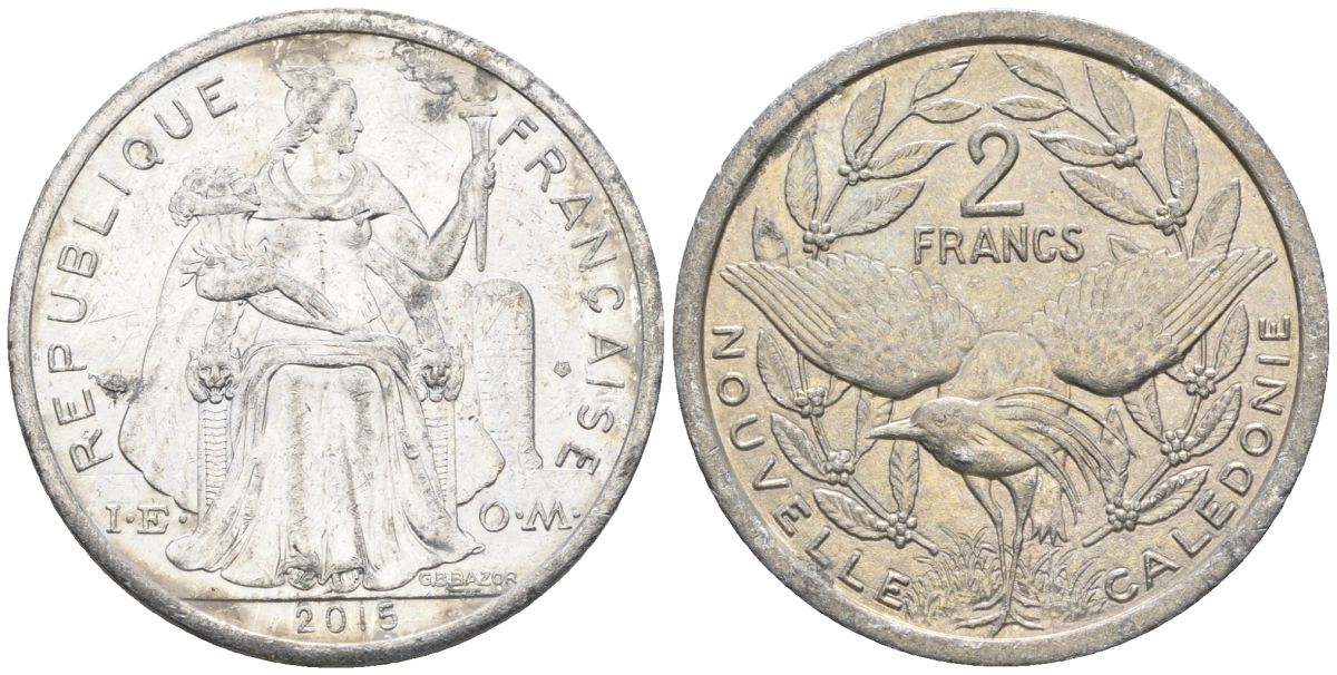 Французская Новая Каледония 2 франка 2015 птица кагу, (IEOM) KM 14, Schoen 11 алюминий    27-213
