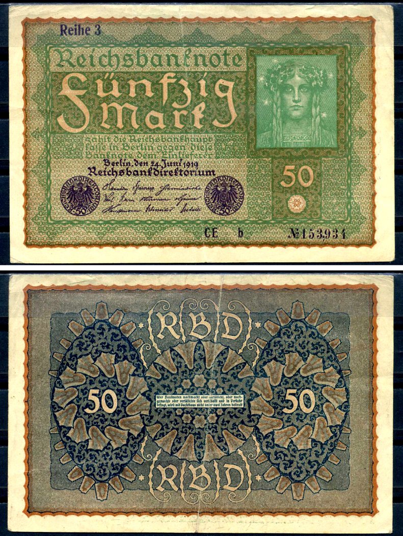 Германия 50 марок 1919 24 июня 1919, reihe I, серия CE, выпуск с 1920 года Pick 66 (3), Rosenberg 62c бумага 8619-29-2-2