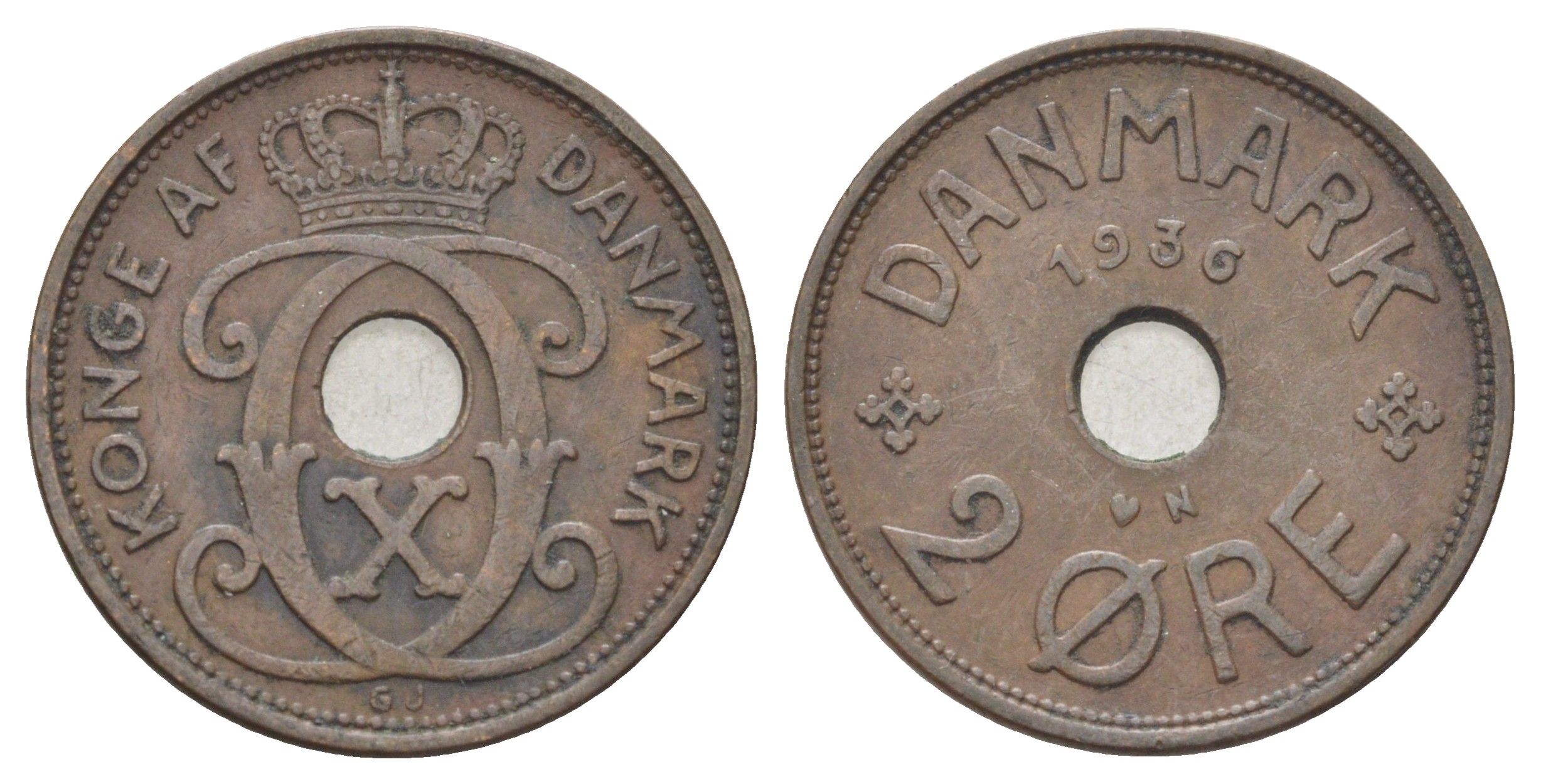 Дания 2 эре 1936 N, Кристиан X (1912-1947) KM 827 бронза 4701-834