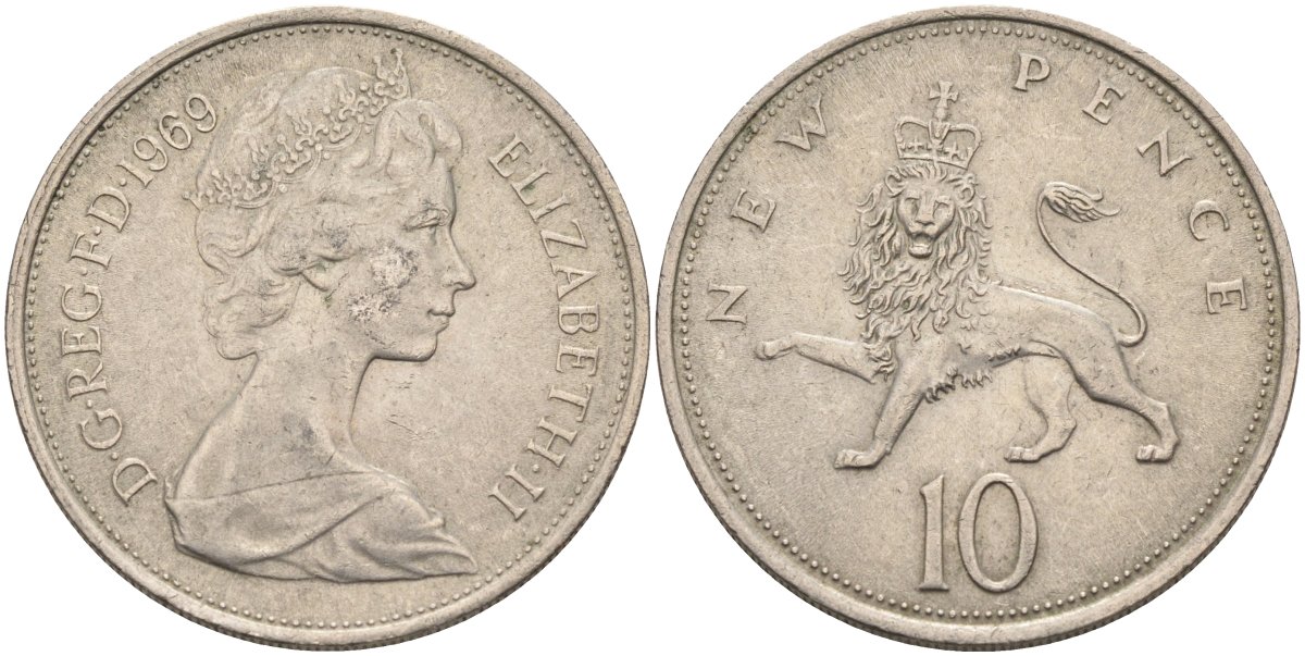 Великобритания 10 пенсов 1969 Елизавета II (1952-2022) KM 912, Spink 4231 (F1) медно-никель 4587-1224