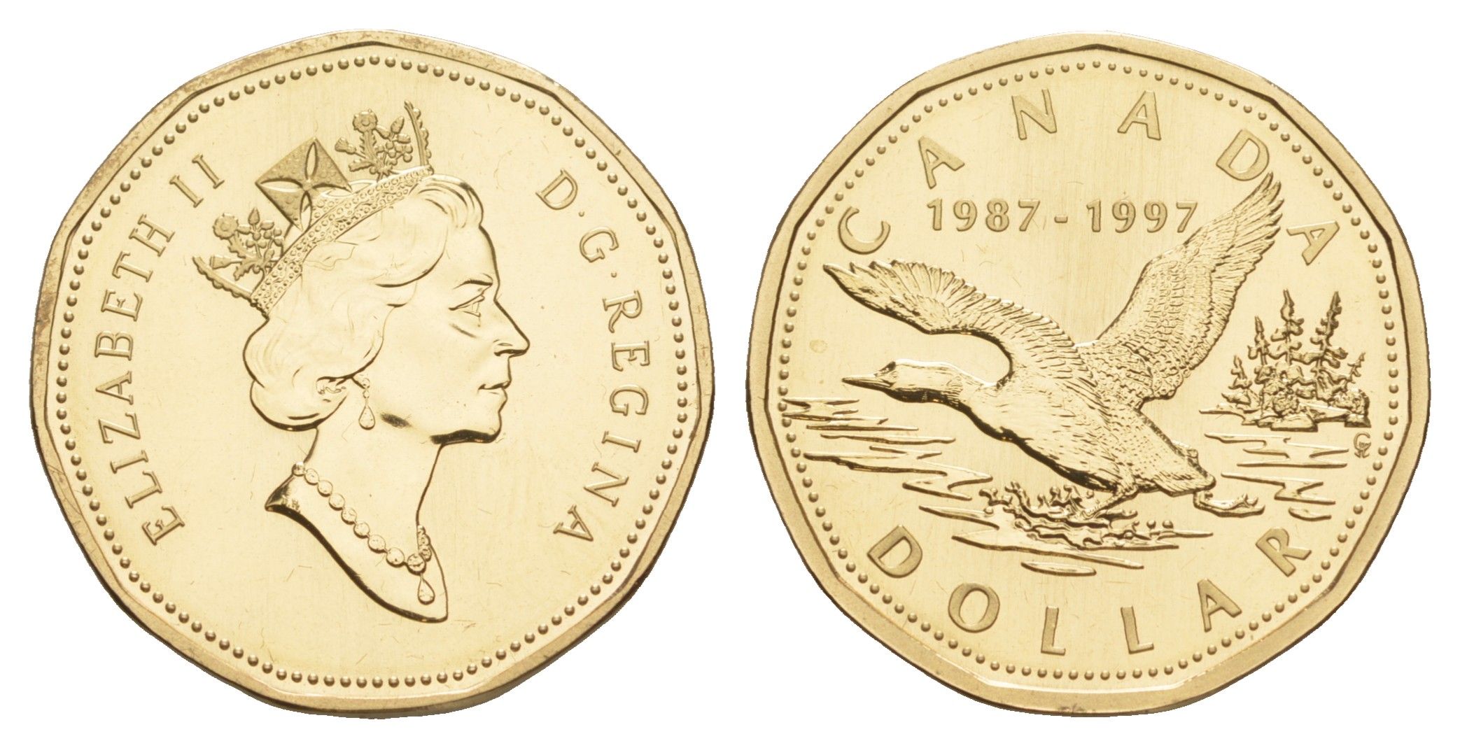 Канада 1 доллар 1997 10 лет чекана луни-доллара KM 291 никель плакированный позолченной бронзой BU 1525-712