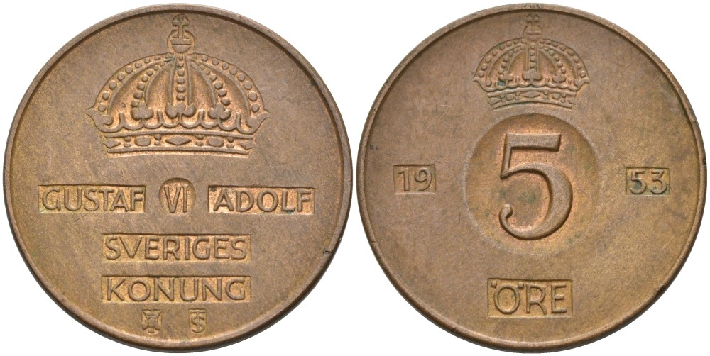 Швеция 5 эре 1953 TS, Густав VI Адольф (1950-1973) KM 822 бронза 4557-734