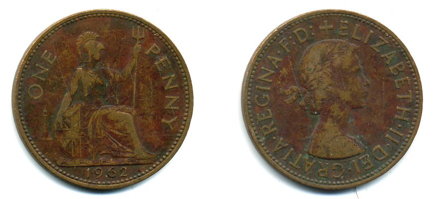 Великобритания 1 пенни 1962 Елизавета II (1952-2022) KM 897, Spink 4157 бронза 57-356