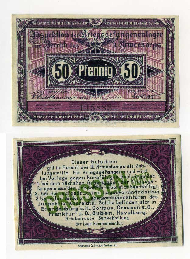 Германия 50 пфеннигов 1917 инспекция лагерей военнопленных в Кроссене, III-ий Армейский корпус C-2849 бумага UNC (пресс) 000-00-00