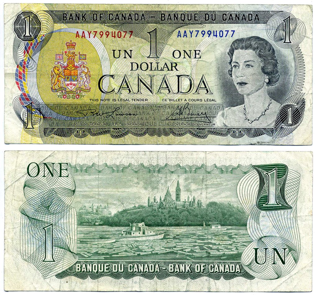 Канада 1 доллар 1973 Елизавета II (1952- ), здание парламента на реке Оттава, Lawson-Bouey, серии 3 буквы Pick 85 а (2) бумага 2192-21-3-2