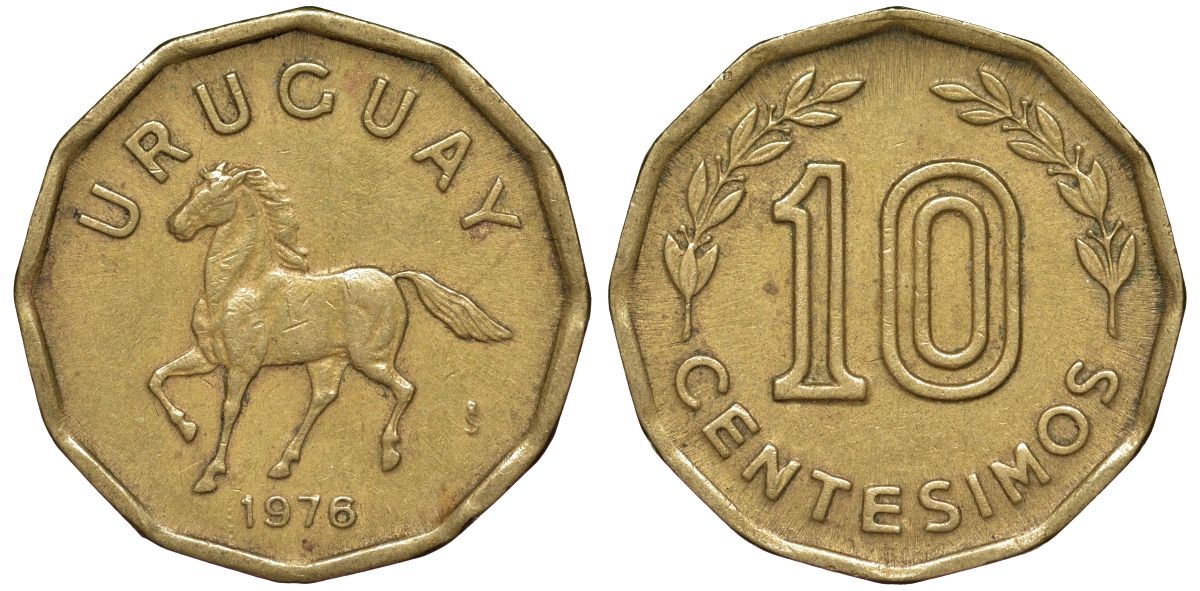 Уругвай 10 сентесимо 1976 KM 66 алюминиевая бронза 4164-724