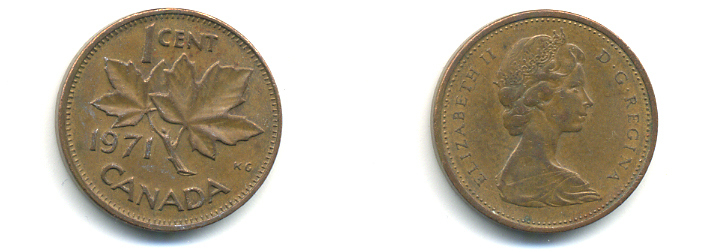 Канада 1 цент 1971 Елизавета II (1952-2022), кленовый лист KM 59.1 бронза 177-1339