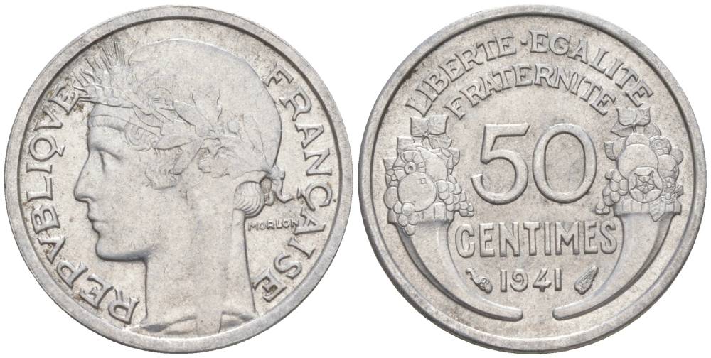ФРАНЦИЯ 50 САНТИМОВ 1941 ТИП MORLON LOURDE KM 894.1a, LE FRANC 193.2 алюминий 44-319