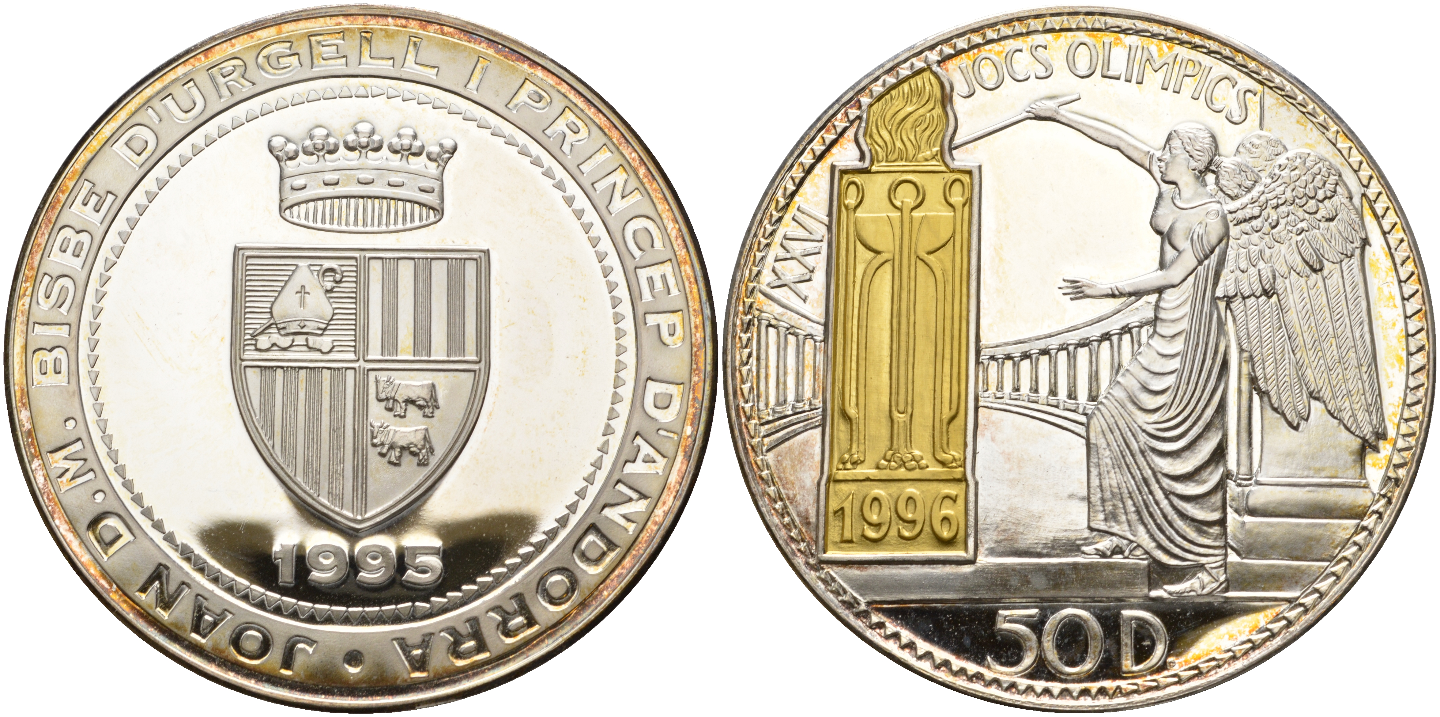 Андорра 50 динеров 1995 XXVI олимпийские игры 1996 года в Атланте, олимпийский огонь, позолота, тираж 5000 экземпляров KM 115 серебро PROOF 1-5-2-29