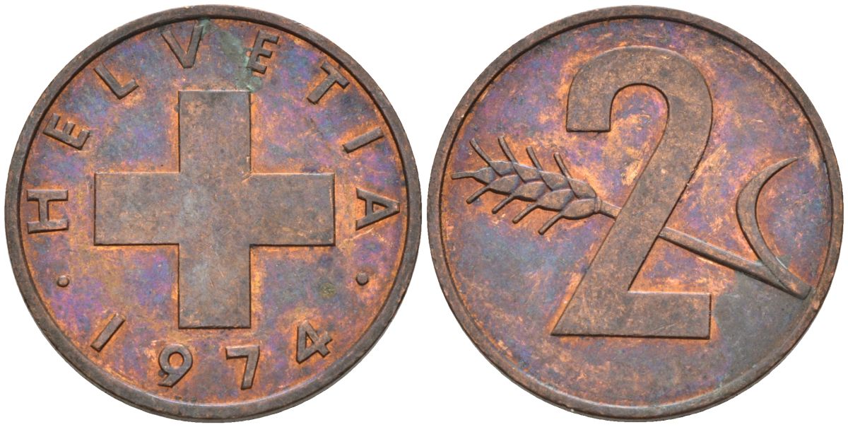 Швейцария 2 раппена 1974 KM 47 бронза 4592-743