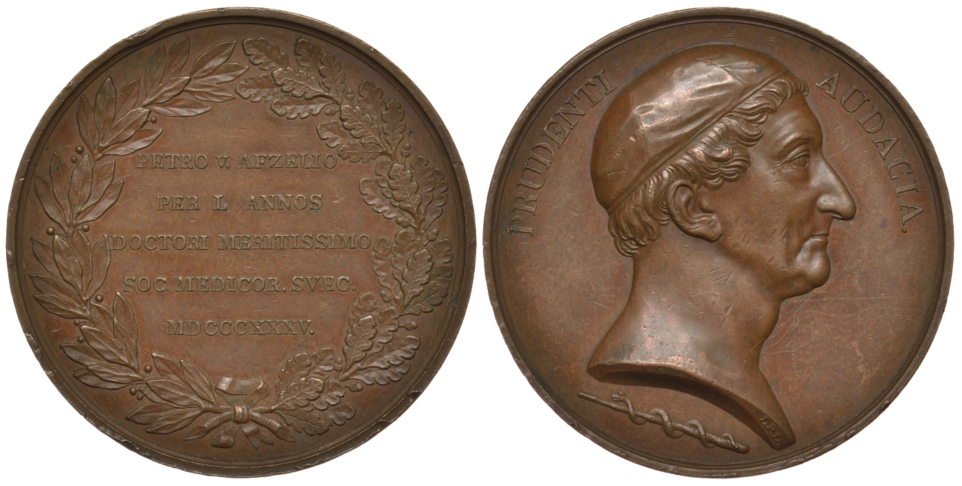 Швеция медаль 1835 хирург, Петр фон Афцелио, 48 мм, 64,77 гр  бронза    11-181-33