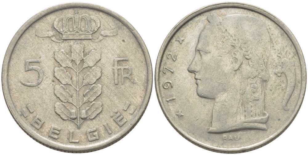 Бельгия 5 франков 1972 Belgie, Бодуэн I (1951-1993) KM 135.1 медно-никель 119-825