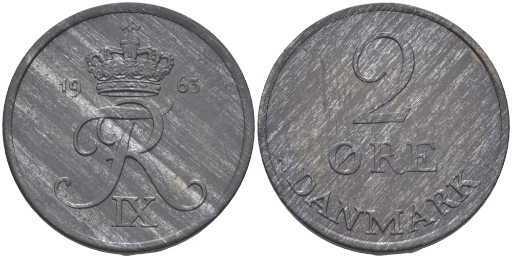ДАНИЯ 2 ЭРЕ 1963 C; S, ФРЕДЕРИК IX (1947-1972) KM 840.2 цинк UNC 28-352