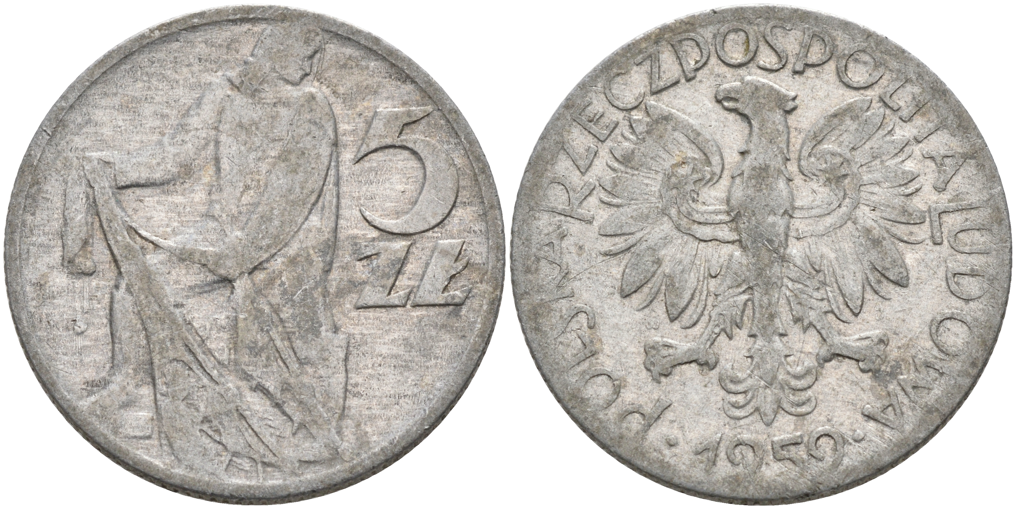 Польша 5 злотых 1959 MW, рыбак KM 47 алюминий 4565-114