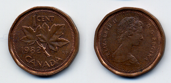 Канада 1 цент 1982 Елизавета II (1952-2022), кленовый лист KM 132 бронза 54-2445