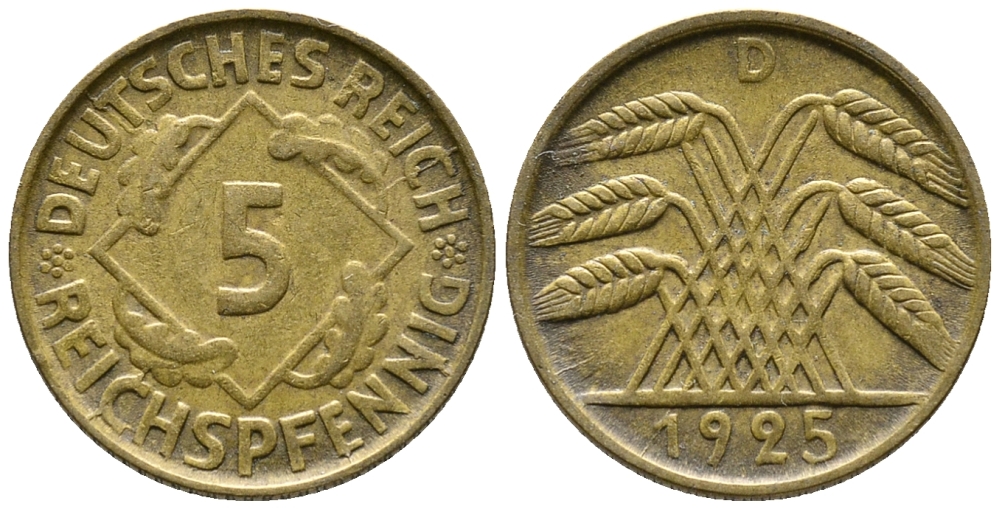 ГЕРМАНИЯ 5 РЕЙХСПФЕННИГОВ 1925 D KM 39, J. 316 алюминиевая бронза 39-543