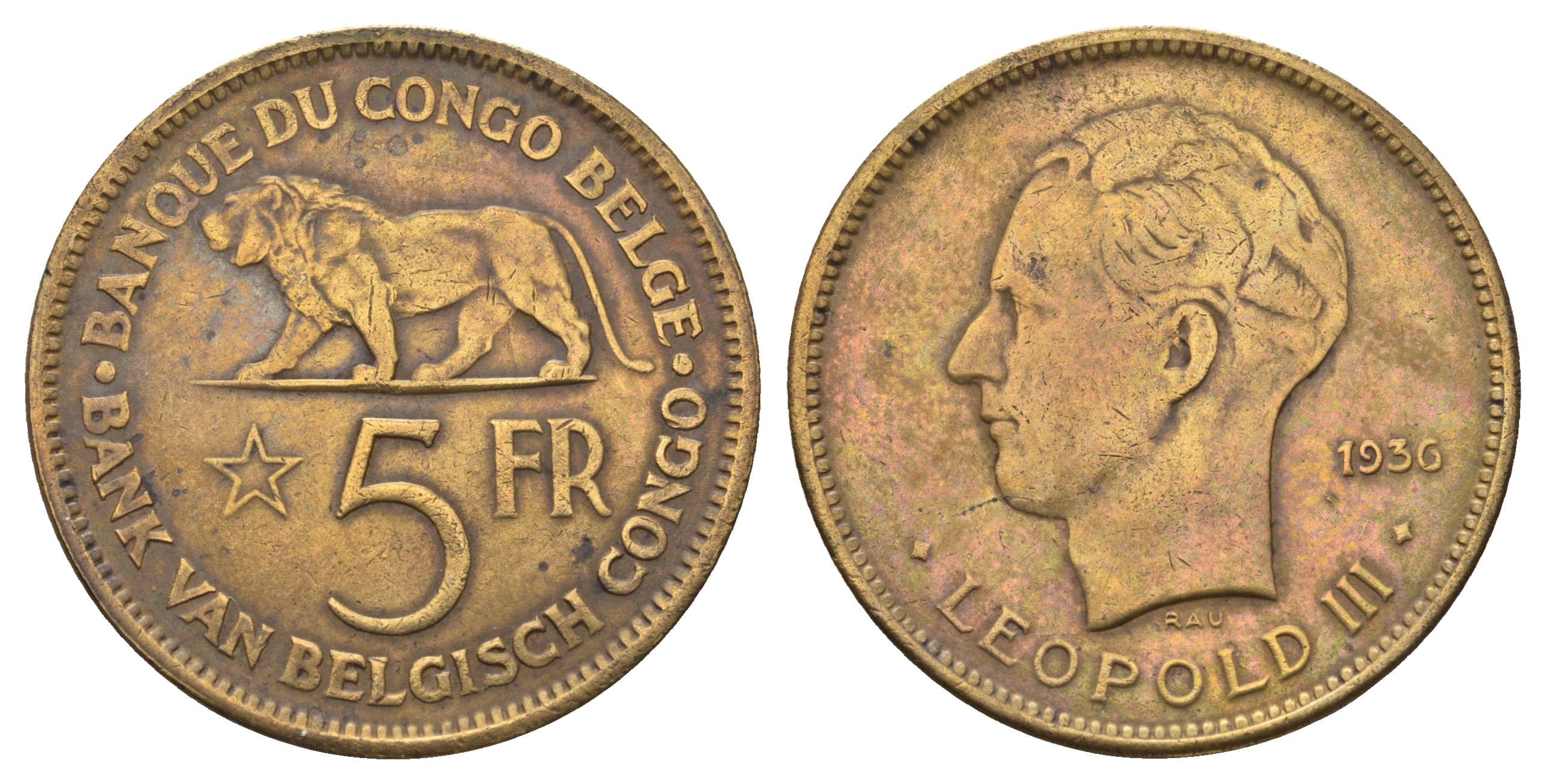 Бельгийское Конго 5 франков 1936 KM 24 никель латунь 1519-134