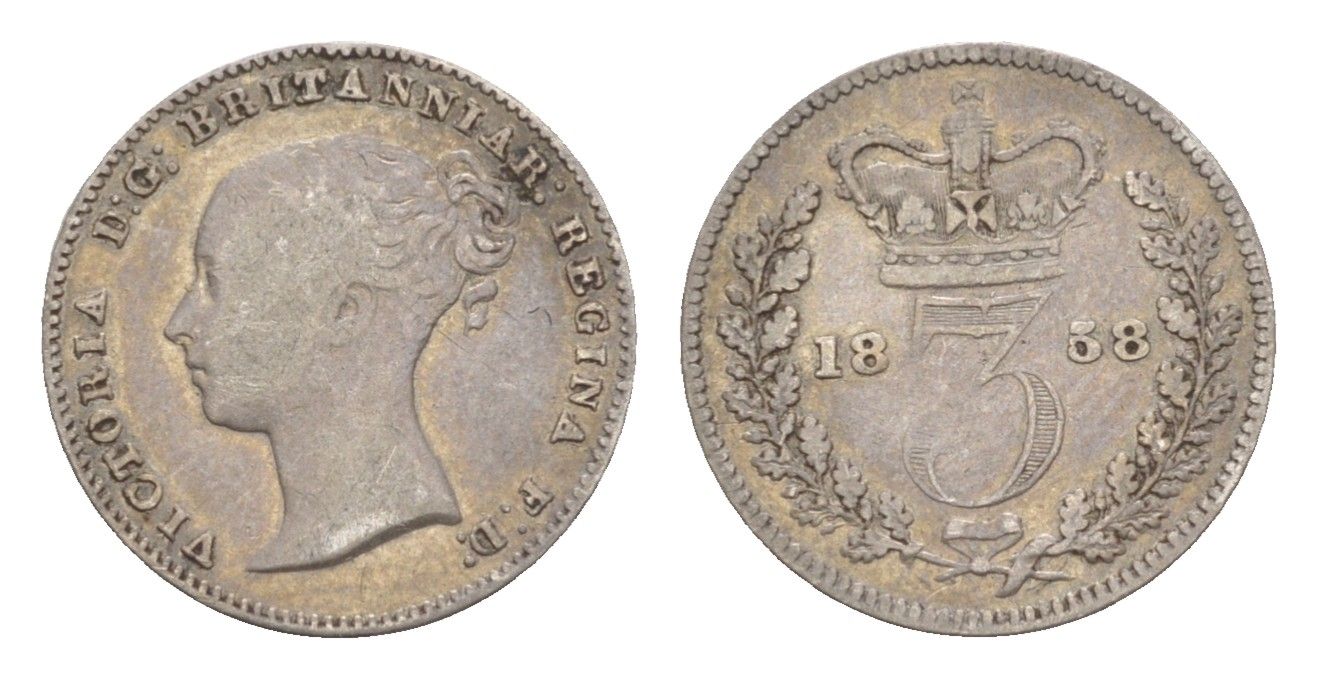 Великобритания 3 пенса 1858 Виктория (1837-1901) KM 730, Spink 3914 серебро 1520-1222